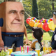 A square man who claims he lives in the ocean at a birthday party.